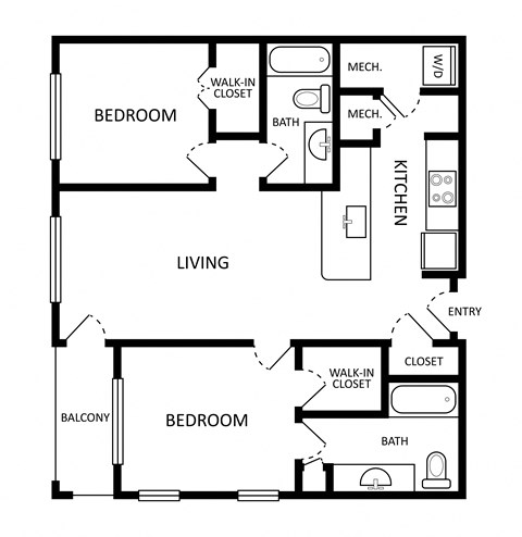 Floor plan for 2 beds, 2 baths, 959 sqft